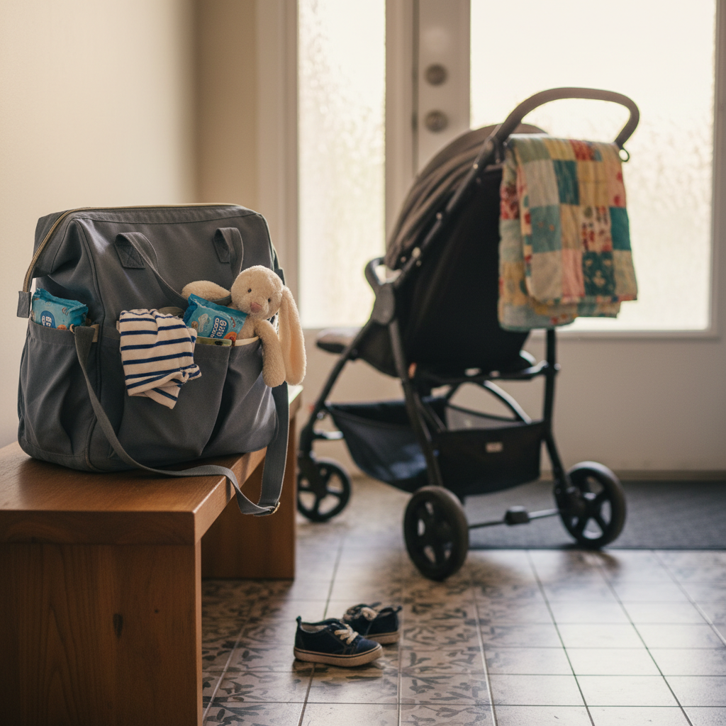 A well-used diaper bag made of soft, slate-gray canvas sits open on a hallway bench, its pockets overflowing with a folded striped onesie, a small packet of wipes, a crinkled snack pouch, and a slightly worn stuffed bunny with one ear bent. Beside it, tiny shoes are left askew on the floor and a stroller with a colorful blanket draped over the handle waits by the front door. Diffused afternoon light streams through frosted glass, creating a gentle glow and subtle reflections on the floor tiles. Photographic realism, framed using the rule of thirds with moderate depth of field, conveys the busy, on-the-go rhythm of motherhood in an authentic, lived-in home.
