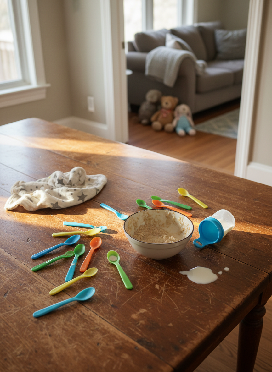 A well-loved wooden kitchen table scattered with colorful baby spoons, a half-eaten bowl of oatmeal, a tipped-over sippy cup with a small puddle of milk, and a soft muslin burp cloth with a faded star pattern. In the distance, a cozy living room with a slightly messy couch and a few stuffed animals resting on the floor is softly out of focus. Late morning natural light pours in from a nearby window, creating gentle highlights on the table’s grain and subtle shadows around the objects. Photographic realism, shot at eye level with a shallow depth of field, captures the playful, honest chaos of everyday motherhood in a warm, inviting atmosphere.
