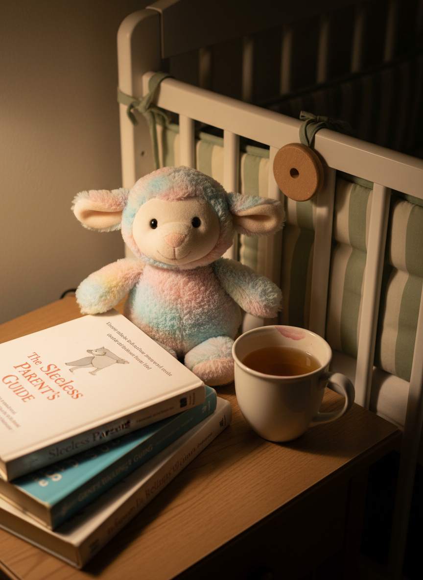 A plush, pastel-colored baby monitor shaped like a friendly animal rests on a nightstand beside a slightly rumpled stack of parenting books and a half-finished mug of herbal tea, its surface marked by a faint lipstick ring. Behind it, a crib rail with a gently chewed wooden teething guard peeks into frame, wrapped with a simple, soft bumper in muted tones. The room glows with dim, warm lamplight, casting long, gentle shadows across the nightstand surface. Photographic realism from a slightly elevated angle with a tight composition creates an intimate, candid feeling, reflecting the quiet, emotional nights of new motherhood in a cozy, imperfect nursery.