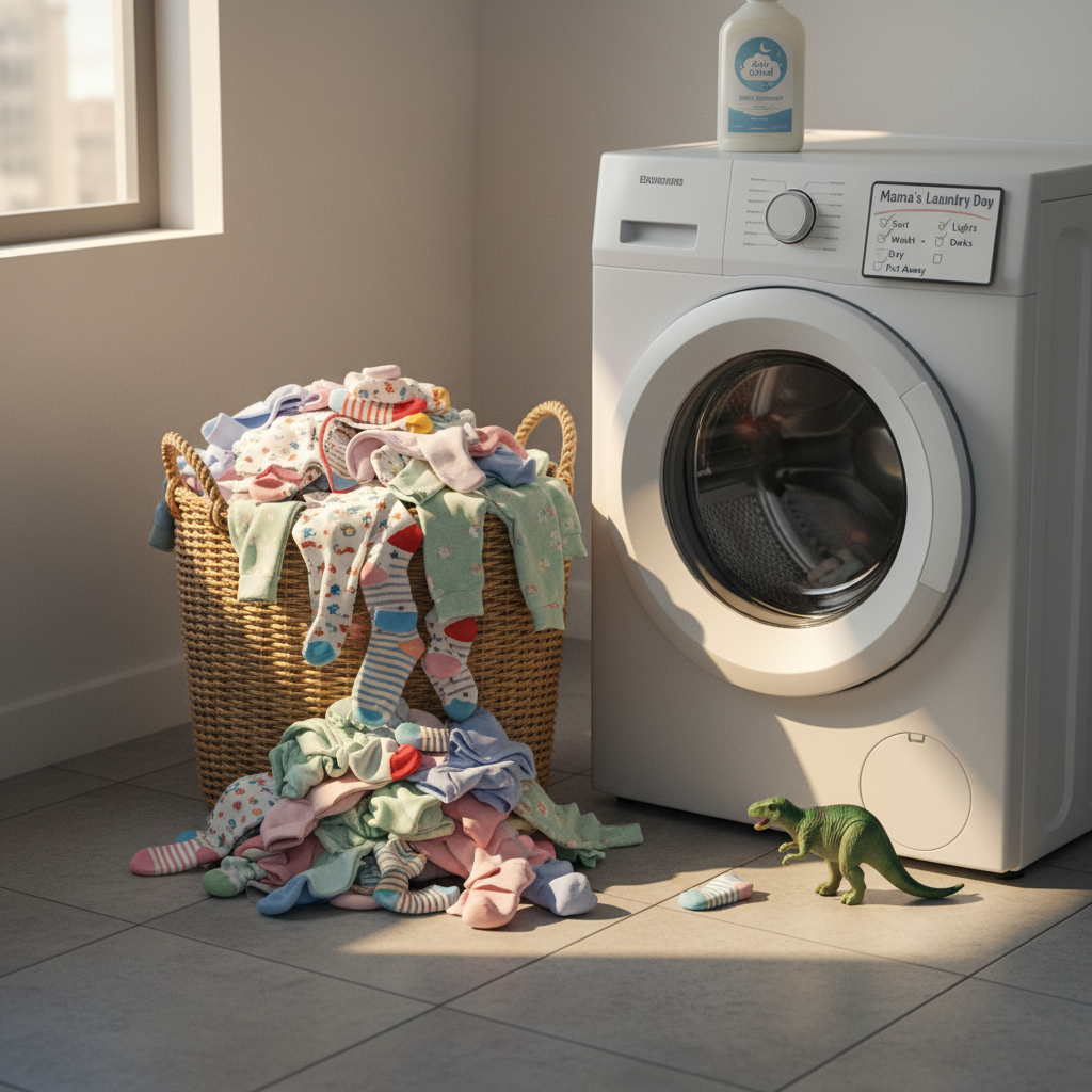 A laundry room scene with an overflowing wicker basket of tiny socks, patterned onesies, and soft pajamas in pastel and primary colors, some pieces draped over the edge. Nearby, a bottle of gentle baby detergent and a slightly crumpled checklist magnet on the washer add to the story. The tiled floor shows a few small, stray socks and a well-traveled toy dinosaur resting by the machine. Warm afternoon sunlight slants in through a small window, creating strong highlights and long, cozy shadows. Photographic realism, captured from a slightly elevated angle with sharp focus throughout, conveys the ongoing, sometimes overwhelming, but oddly heartwarming cycle of family laundry in everyday motherhood.