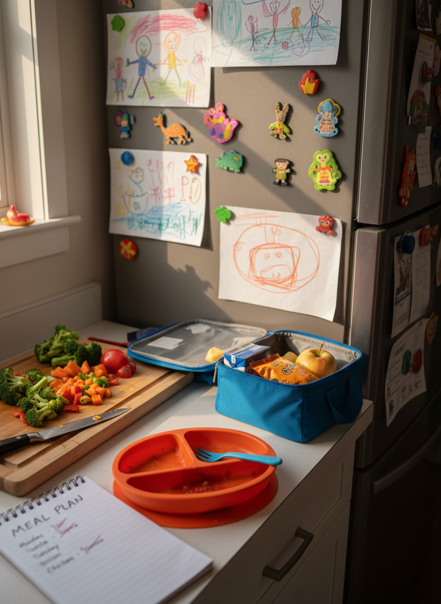 A kitchen countertop scene with a high-contrast mix of adult and kid life: a neat cutting board with chopped vegetables beside a brightly colored silicone baby plate smeared with leftover tomato sauce, a tiny fork resting sideways. A school lunchbox stands open with half-packed snacks, while a handwritten meal-planning notepad with crossed-out items lies nearby. The stainless-steel fridge in the background is covered in children’s drawings, held by mismatched magnets. Late-afternoon golden light spills through a nearby window, casting soft, elongated shadows and warm highlights on the countertop. Photographic realism, composed with an asymmetrical balance and moderate depth of field, captures the playful juggle of feeding a family and the unpolished reality of mom life.