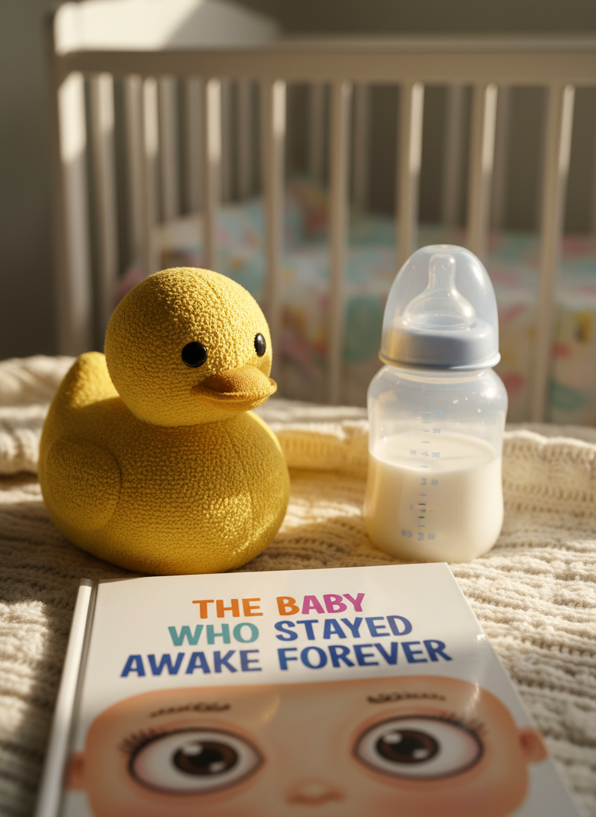 A stuffed yellow rubber duck toy sitting on a soft surface, next to a half-empty baby bottle with milk inside. In front of them, a children's book titled "The Baby Who Stayed Awake Forever" with wide, cartoonish baby eyes on the cover. A white wooden crib visible softly in the background. Warm, cozy lighting. Realistic editorial photography style, slightly whimsical.
