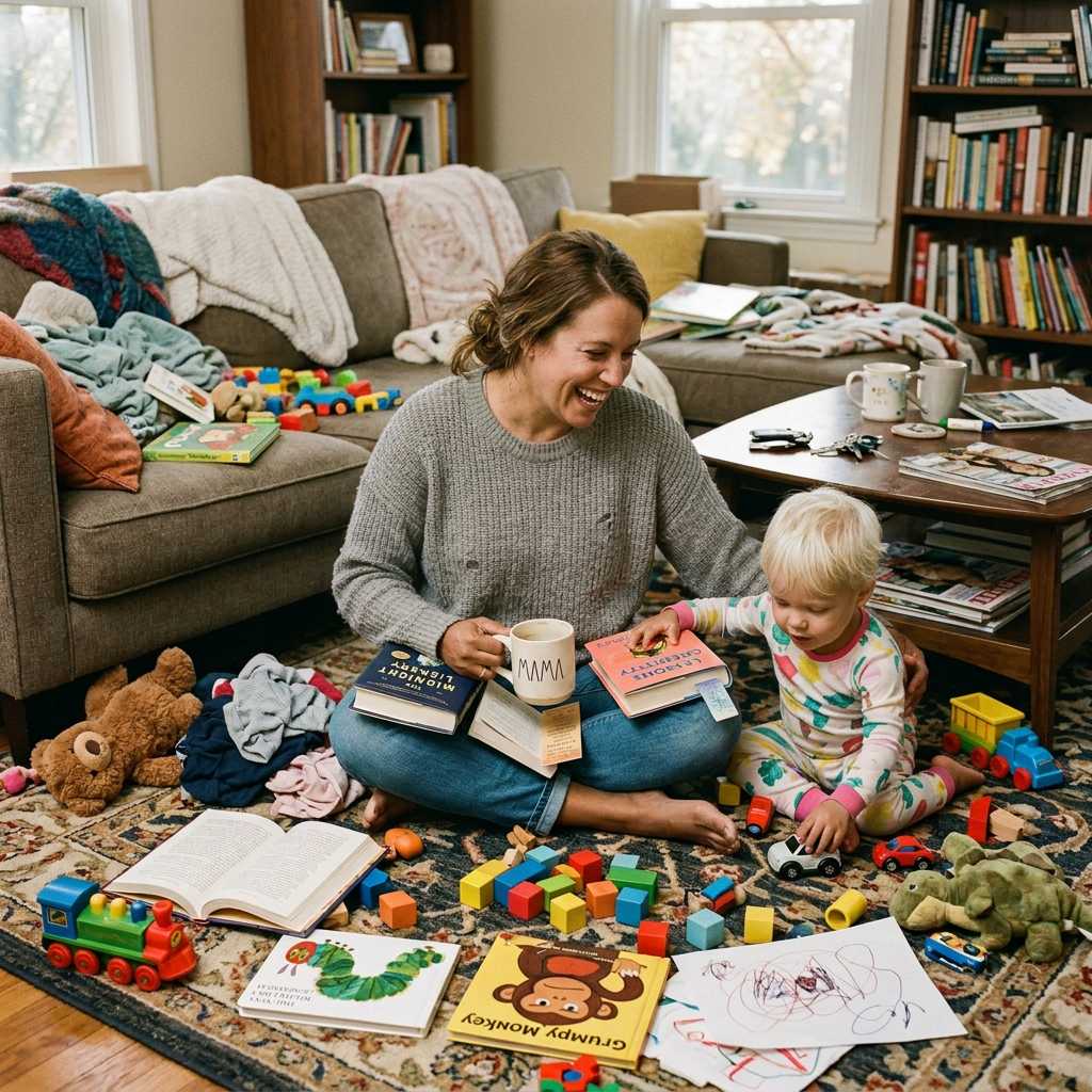 Mother reading with two children surrounded by books and toys