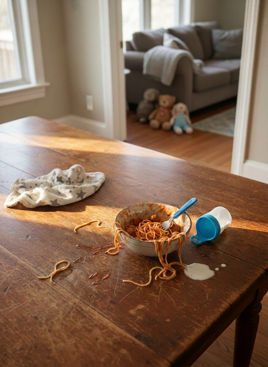 A well-loved wooden kitchen table scattered with colorful baby spoons, a half-eaten bowl of oatmeal, a tipped-over sippy cup with a small puddle of milk, and a soft muslin burp cloth with a faded star pattern. In the distance, a cozy living room with a slightly messy couch and a few stuffed animals resting on the floor is softly out of focus. Late morning natural light pours in from a nearby window, creating gentle highlights on the table’s grain and subtle shadows around the objects. Photographic realism, shot at eye level with a shallow depth of field, captures the playful, honest chaos of everyday motherhood in a warm, inviting atmosphere.