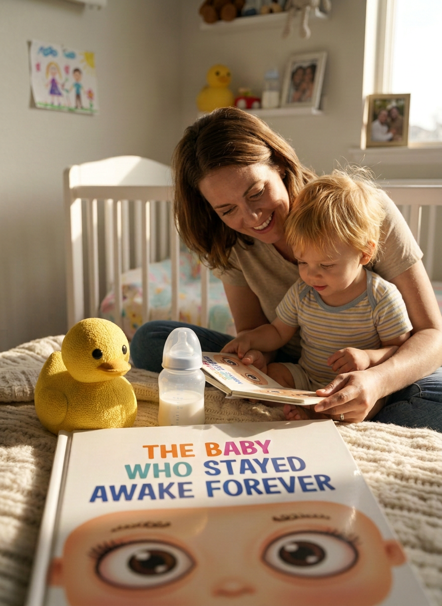 A stuffed yellow rubber duck toy sitting on a soft surface, next to a half-empty baby bottle with milk inside. In front of them, a children's book titled "The Baby Who Stayed Awake Forever" with wide, cartoonish baby eyes on the cover. A white wooden crib visible softly in the background. Warm, cozy lighting. Realistic editorial photography style, slightly whimsical.