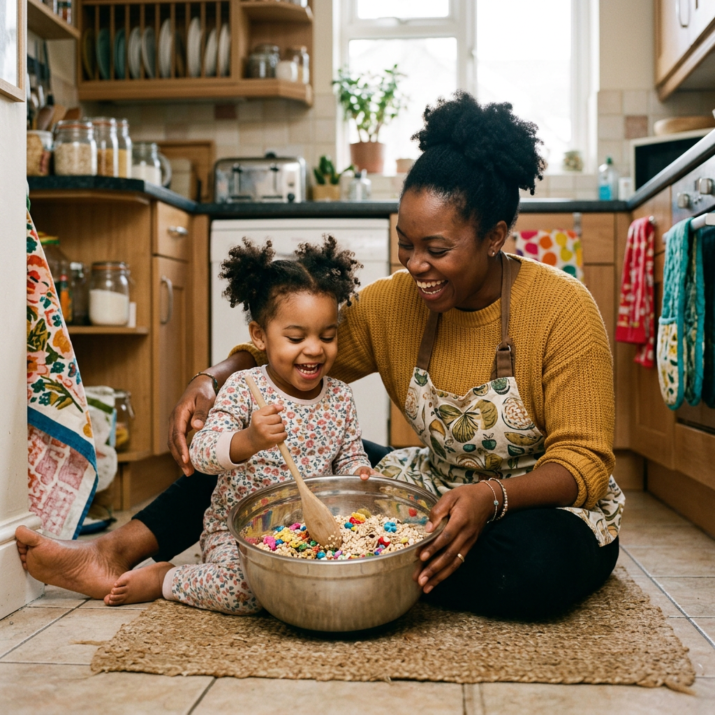 Mother and daughter mixing colorful cereal in a kitchen bowl
