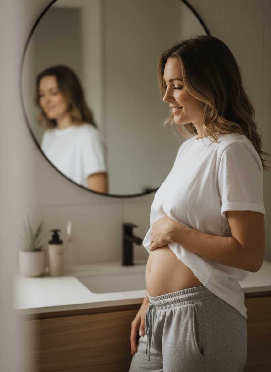 A woman smiling at her postpartum reflection in the mirror