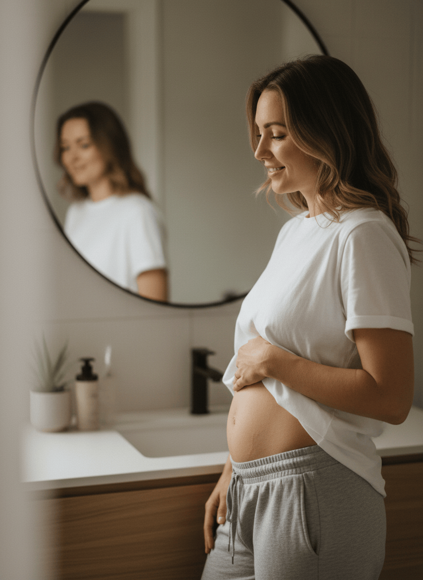 A woman standing in front of a bathroom mirror, looking at her postpartum stomach with a warm, genuine smile. She is wearing comfortable clothing, soft natural lighting, the scene feels intimate and empowering. The mood is positive and body-affirming, not clinical. She looks proud and at peace with her body.